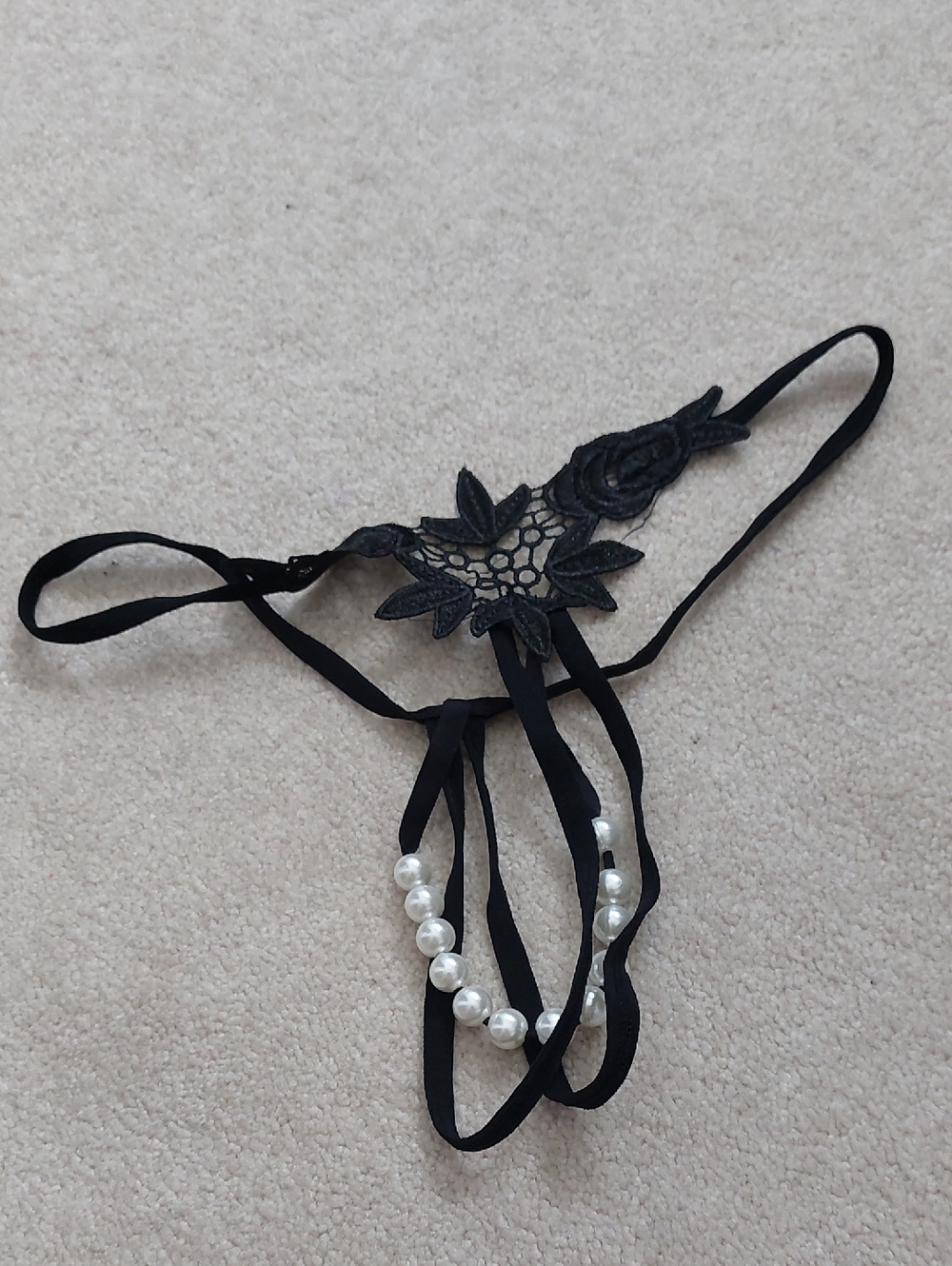 Black Lace Floral Pearl Accent Thong